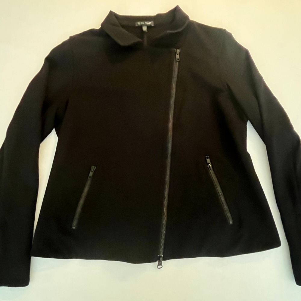 Eileen‎ Fisher Womens Black Asymmetrical Zip Moto Jacket Stretch Jersey Size M